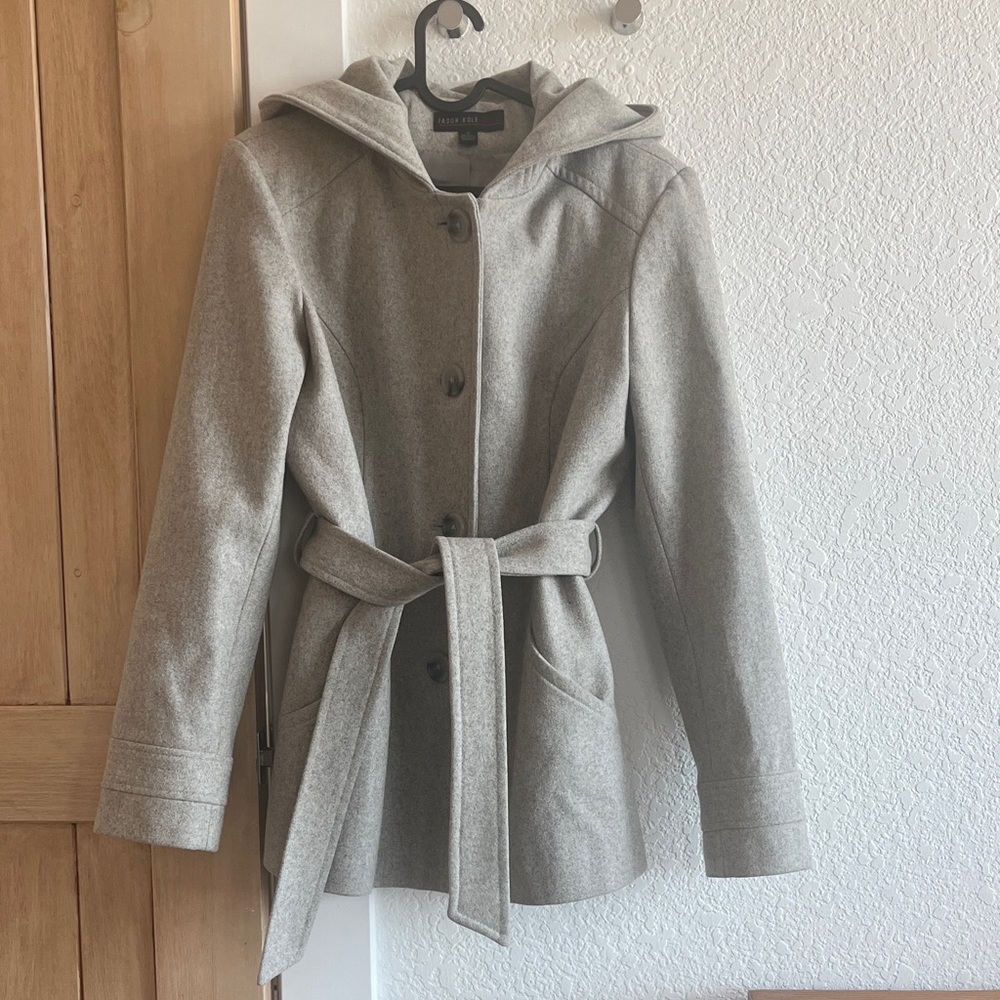 Jason Kole Wool Hooded Belted Trench Coat in Light Gray